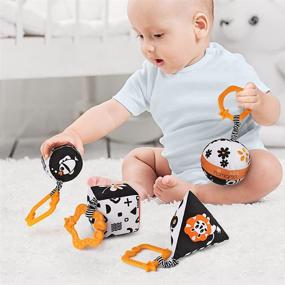 img 4 attached to 👶 High Contrast Baby Toys Set for Newborn 3-12 Months - 4 Black and White Rattle Hanging Toys, Ideal for Car Seat, Stroller, and Travel - Sensory Soft Activity Shape Cube for Learning