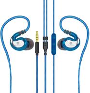 🎧 jaamira sports wired earbuds with microphone, volume control, bass & noise cancelling - over ear headphones with 3.5mm jack for android phone, iphone, computer, gaming, workout - ipx4 blue logo