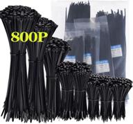 🔗 assorted sizes zip ties 800 pack - cable tie wrap wire ties 4/6/8/10/12 inch black - small cable zip ties - heavy duty 40lbs plastic ties - nylon 66 black zip ties for home, office, and workshop logo