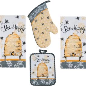 img 2 attached to 🐝 Buzzing with Joy: 4 Piece Bee Happy Kitchen Set - 2 Terry Towels, Oven Mitt, Potholder