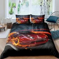🏎️ twin size burning red flame race car bedding set – 3d sports car comforter cover with 2 pieces – boy's sport decor bedspread cover for kids teens boys – modern style quilt cover logo