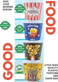 img 3 attached to Premium Reusable Plastic Popcorn Containers 4 Pack - Modern Style Popcorn Bowls for Movie Theater Night - Dishwasher Safe - BPA Free (Yellow, Brown, Red/White and Blue)