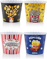premium reusable plastic popcorn containers 4 pack - modern style popcorn bowls for movie theater night - dishwasher safe - bpa free (yellow, brown, red/white and blue) logo