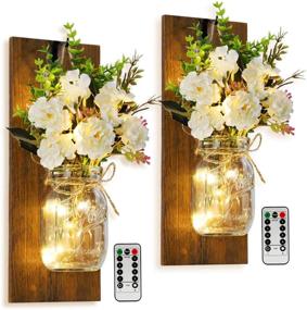 img 4 attached to 🕯️ Farmhouse Decor Rustic Wall Mounted Candlesmayson Can Wall Candlestick with Remote Control LED Lamp and White Peony - Perfect Living Room and Bathroom Wall Mounted Decorative Lamp