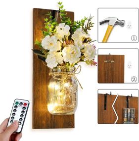 img 2 attached to 🕯️ Farmhouse Decor Rustic Wall Mounted Candlesmayson Can Wall Candlestick with Remote Control LED Lamp and White Peony - Perfect Living Room and Bathroom Wall Mounted Decorative Lamp