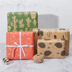 img 3 attached to 🎁 RUSPEPA Kraft Wrapping Paper Roll Set - Cactus, Strawberry, Alpaca, and Hedgehog Prints - Ideal for Congratulations, Holidays, and Special Occasions - Pack of 4 Rolls - Each Roll 30 Inches X 10 Feet