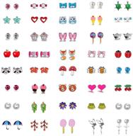 🦄 set of 24, 36, and 40 pairs of cute, hypoallergenic stainless steel stud earrings for girls, kids, featuring unicorn, heart, mermaid scales, rainbow pearls, owl, rhinestone designs in various mixed colors, nickel-free logo