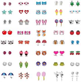 img 4 attached to 🦄 Set of 24, 36, and 40 Pairs of Cute, Hypoallergenic Stainless Steel Stud Earrings for Girls, Kids, featuring Unicorn, Heart, Mermaid Scales, Rainbow Pearls, Owl, Rhinestone Designs in Various Mixed Colors, Nickel-Free