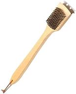 🔥 rocky mountain goods wooden handle grill brush with scraper - premium bbq grill brush for all grill types - long solid wood handle and stainless steel bristles - non scratch and durable - convenient leather hang loop logo