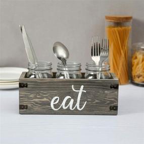 img 2 attached to 🍽️ Rustic Gray Wooden Mason Jar Caddy with Glass Inserts for Dining Utensils - Featuring Elegant 'EAT' Cursive Writing and Stylish Metal Wraps