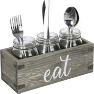 🍽️ rustic gray wooden mason jar caddy with glass inserts for dining utensils - featuring elegant 'eat' cursive writing and stylish metal wraps логотип