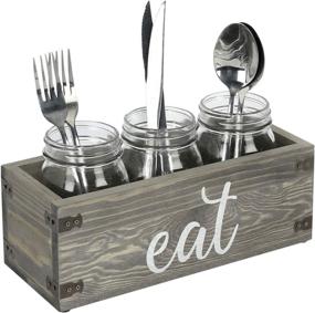 img 4 attached to 🍽️ Rustic Gray Wooden Mason Jar Caddy with Glass Inserts for Dining Utensils - Featuring Elegant 'EAT' Cursive Writing and Stylish Metal Wraps