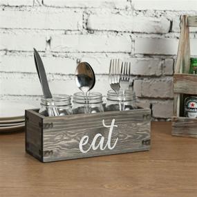 img 3 attached to 🍽️ Rustic Gray Wooden Mason Jar Caddy with Glass Inserts for Dining Utensils - Featuring Elegant 'EAT' Cursive Writing and Stylish Metal Wraps