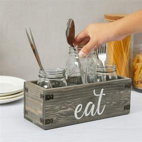 img 1 attached to 🍽️ Rustic Gray Wooden Mason Jar Caddy with Glass Inserts for Dining Utensils - Featuring Elegant 'EAT' Cursive Writing and Stylish Metal Wraps