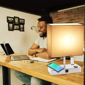 img 2 attached to 💡 Convenient and Modern Table Lamp: Wirelessly Charge Devices, USB & Type C Ports, 3-Way Dimmable, 2AC Outlets, 9W Bulb Included (Nickel)