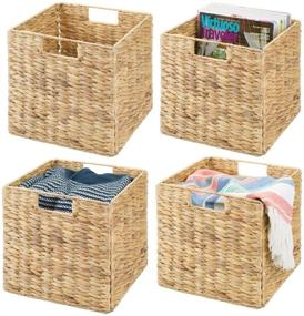 img 4 attached to Organize with Style: mDesign Natural Woven Hyacinth Closet Storage Organizer Basket Bin - Collapsible - 4 Pack - Natural/Tan