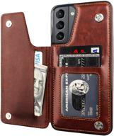 📱 onetop compatible with samsung galaxy s21 wallet case: premium pu leather card holder cover with kickstand, card slots, and double magnetic clasp - brown logo