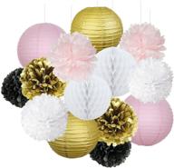 🎉 festive french/parisian themed party decorations for girls' birthday & baby shower - pink, gold, white, black. tissue pom poms, honeycomb balls & paper lanterns for ooh la la décor! logo