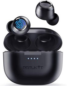 img 4 attached to 🎧 Black Wireless Earbuds, Bluetooth 5 Headphones with Noise-Canceling, Low Latency Stereo, IPX7 Waterproof, Built-in Mic, Touch Control for Running, Sports, Fitness