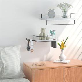 img 2 attached to 🛁 ZGO Floating Wall Shelves Set of 3 with Metal Frame, Toothbrush Holder, Hair Dryer Holder and Towel Rack for Bathroom, Kitchen, Bedroom - White