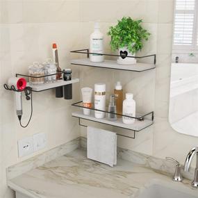 img 3 attached to 🛁 ZGO Floating Wall Shelves Set of 3 with Metal Frame, Toothbrush Holder, Hair Dryer Holder and Towel Rack for Bathroom, Kitchen, Bedroom - White