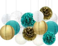 🎉 15 piece white, teal blue, and gold mixed tissue paper pom pom paper lanterns set - perfect for teal themed party, wedding, bridal shower decorations, teal blue baby shower, teal wedding decor логотип