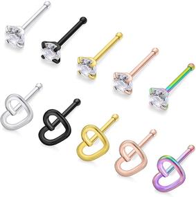 img 2 attached to 💎 10PCS 20G Stainless Steel Nose Rings Studs with Prong Set Clear CZ, Handmade Heart Shape, Screw L-Shaped Bone - Nostril Ring Piercing Jewelry