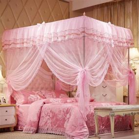 img 4 attached to 🎀 UOZZI BEDDING Pink Canopy Bed Curtain with 4 Corners Post for Girls & Adults - Cute Cozy Drape Square Netting for Twin Bed - 4 Opening 45" W x 80" L Mosquito Net - Princess Bedroom Decoration