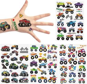 img 4 attached to 🚗 Temporary Tattoos for Kids - Set of 8 Sheets Vehicle Monster Trucks Designs | Waterproof Fake Tattoos for Boys and Girls | Checkered Racing Flag, Dirt Cars Cartoon Art Decal | Perfect Birthday Party Favor Supplies - MALLMALL6