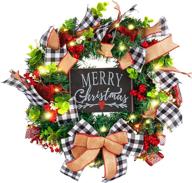 🎄 christmas wreath with led lights and plaid bow - festive holiday pine cones garland for front door decoration and christmas party decor (includes merry christmas card) logo