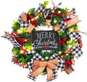 img 4 attached to 🎄 Christmas Wreath with LED Lights and Plaid Bow - Festive Holiday Pine Cones Garland for Front Door Decoration and Christmas Party Decor (includes Merry Christmas Card)