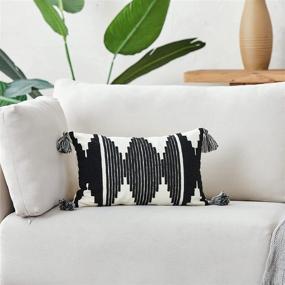 img 3 attached to Moroccan Embroidered Wave Triangle Geometric Tufted Lumbar Throw Pillow Cover in Cream and 🌊 Black with Tassel, 12x20 inch, for Couch Sofa Farmhouse Car - Boho-inspired Decorative Cushion Case