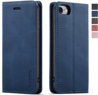 🔵 premium leather wallet case for iphone 8/7/se (2020), rfid blocking, card slots, magnetic kickstand - blue logo