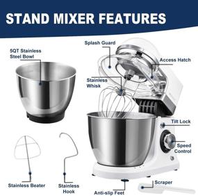 img 3 attached to 🍰 Electric Stand Mixer, MOSAIC Kitchen Food Mixer with 5 Qt Stainless Steel Bowl, Dough Hooks, Wire Whip, Beater, 8 Speed Control Stand Mixer with Splatter Guard and Feeding Port