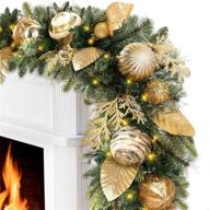 ricdecor 9ft pre-lit christmas garland with battery operated lights - gold garland with ball and leaves - ideal for mantle or outdoor decoration logo