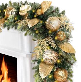 img 4 attached to Ricdecor 9FT Pre-lit Christmas Garland with Battery Operated Lights - Gold Garland with Ball and Leaves - Ideal for Mantle or Outdoor Decoration