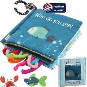 img 4 attached to Soft Baby Book 'Fishy Tails': Sea Animal Fabric Cloth, Crinkle Book Toy for 🐟 Early Education with Teether Ring, Perfect Gift Box | Teething Book - Baby Shark Tail Included!