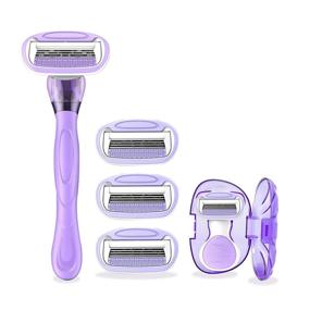 img 4 attached to DreamGenius Razors for Women with Sensitive Skin - 4 Blades Safety Razor | 2 Handles & 5 Refills | Womens Shaving Razors | Non-Slip Travel Carry - Violet