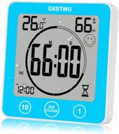 ⏰ gxstwu waterproof digital timer shower clock with alarm, touch screen timer, thermometer hygrometer - bathroom kitchen wall clock for water spray, suction cup hanging hole stand magnet blue logo