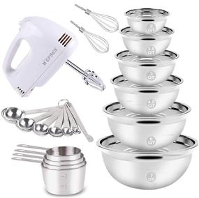 img 4 attached to 🥣 Electric Hand Mixer Mixing Bowls Set with 5-Speeds, 6 Nesting Stainless Steel Bowls, Measuring Cups, Spoons, Whisk Blender - Ideal Kitchen Baking Supplies for Beginner Cooking and Baking