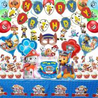 🐾 paw patrol birthday decorations - dog party supplies with happy birthday banner, tablecloth, balloons, cake toppers, hanging swirls - ideal for kids party favor логотип