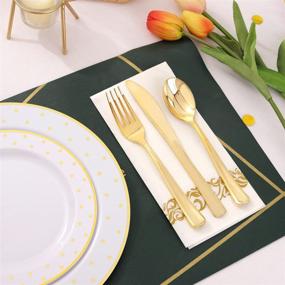 img 1 attached to 🍽️ I00000 150 PCS Gold Plastic Plates & Silverware & Gold Cups: Complete Disposable Dinnerware Set with Gold Dot Rim – Perfect for Christmas Events