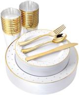 🍽️ i00000 150 pcs gold plastic plates & silverware & gold cups: complete disposable dinnerware set with gold dot rim – perfect for christmas events logo