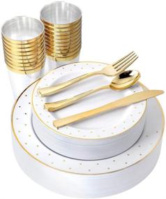 img 4 attached to 🍽️ I00000 150 PCS Gold Plastic Plates & Silverware & Gold Cups: Complete Disposable Dinnerware Set with Gold Dot Rim – Perfect for Christmas Events