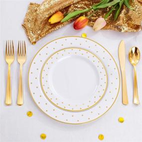 img 2 attached to 🍽️ I00000 150 PCS Gold Plastic Plates & Silverware & Gold Cups: Complete Disposable Dinnerware Set with Gold Dot Rim – Perfect for Christmas Events