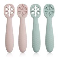 👶 pandaear snowflake design baby spoon set (4 pack) - bpa free silicone utensils for self feeding, baby led weaning, teething friendly - ideal for kids & toddlers 6 months+ (pink/green) logo