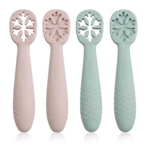 img 4 attached to 👶 PandaEar Snowflake Design Baby Spoon Set (4 Pack) - BPA Free Silicone Utensils for Self Feeding, Baby Led Weaning, Teething Friendly - Ideal for Kids & Toddlers 6 Months+ (Pink/Green)