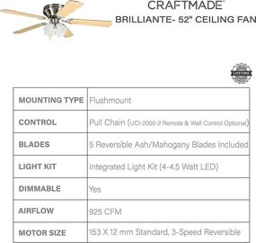 img 1 attached to 🌀 Craftmade BRC52BNK5C Brilliante Hugger Fan: Flush Mount 52" Ceiling Fan with LED Light Kit and Pull Chain, 5 Blades, Brushed Polished Nickel - Efficient Cooling + Stylish Illumination