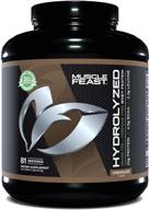 high-quality grass fed hydrolyzed whey protein: muscle feast, 100% pure, fast digesting, all natural, hormone free, 23g protein, 114 calories (chocolate, 5lb) logo
