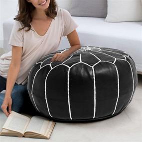 img 1 attached to Premium Moroccan Leather Pouf Cover - Handmade, Round & Large Ottoman Footstool Cover with Embroidery - Cover ONLY - Ideal for Living Room Bedroom, Kids Room, Gift & Wedding - Black 20 Inch